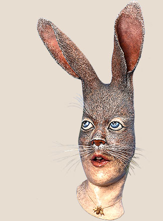 mixed media sculpture of hare transforming to woman